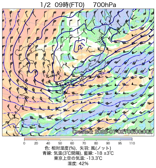 2026年1月2日の日本周辺の700hPa天気図（9時）
