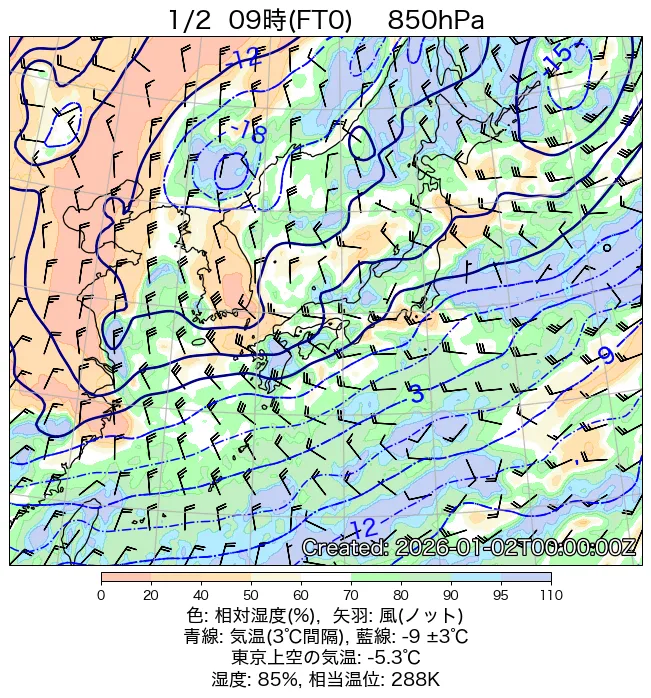 2026年1月2日の日本周辺の850hPa天気図（9時）