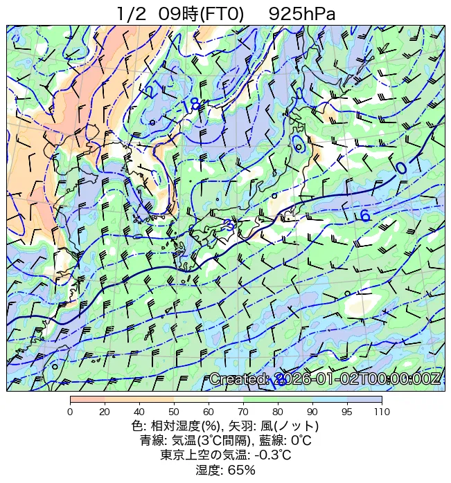 2026年1月2日の日本周辺の925hPa天気図（9時）