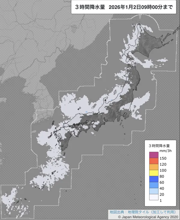 2026年1月2日6〜9時の日本周辺の3時間解析降水量