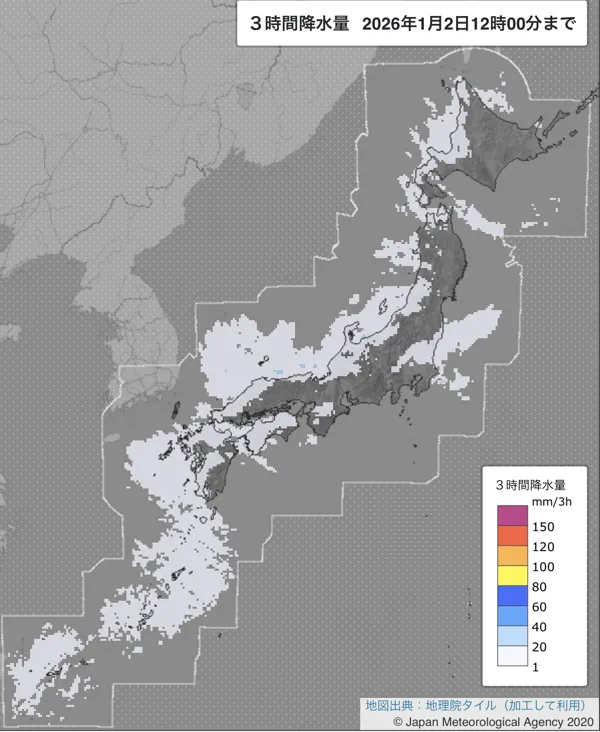 2026年1月2日9〜12時の日本周辺の3時間解析降水量