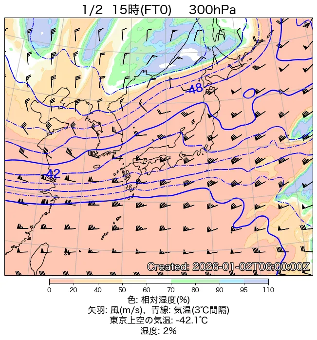 2026年1月2日の日本周辺の300hPa天気図（15時）