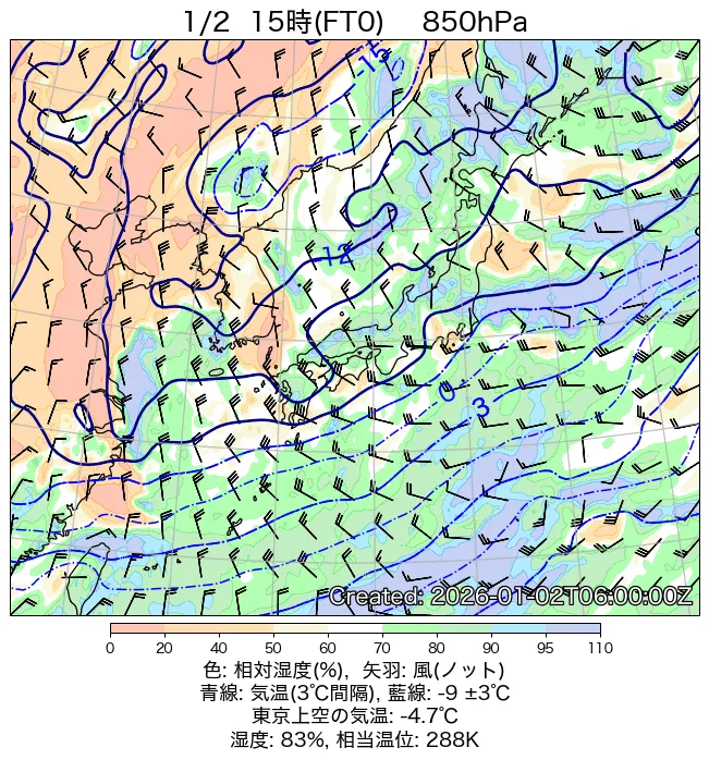 2026年1月2日の日本周辺の850hPa天気図（15時）