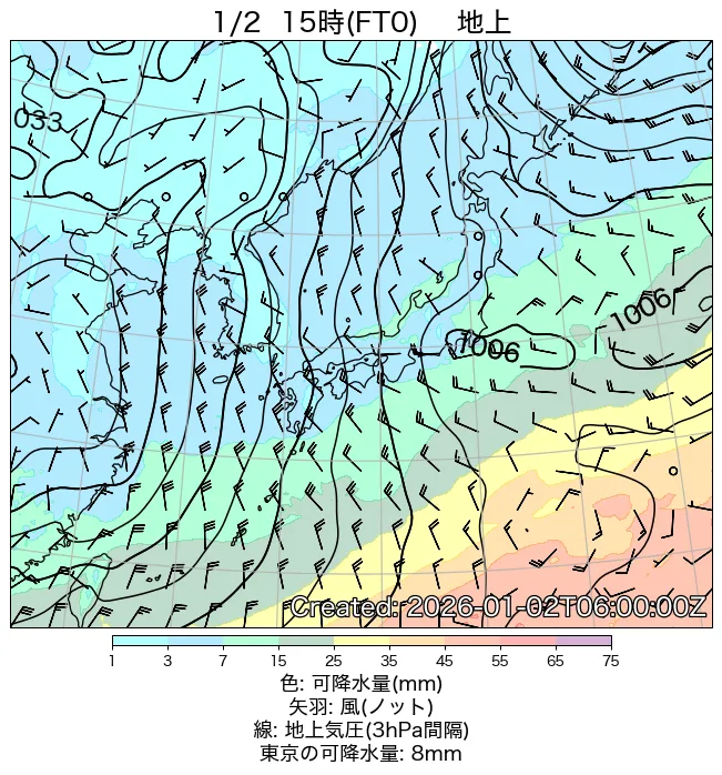 2026年1月2日の日本周辺の地上天気図（15時）