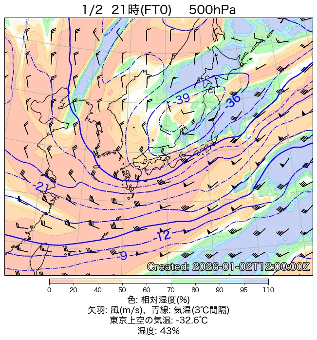 2026年1月2日の日本周辺の500hPa天気図（21時）