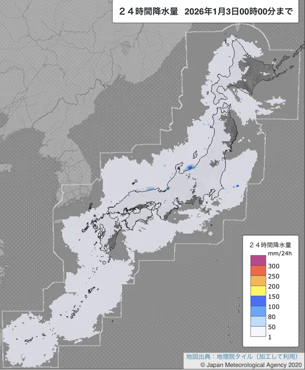 2026年1月2日の日本周辺の日解析雨量の図