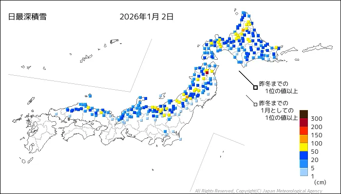 日本のアメダス最大積雪量の図