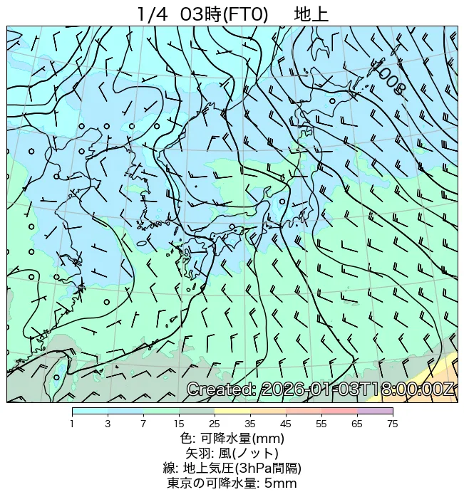 2026年1月4日の日本周辺の地上天気図（3時）