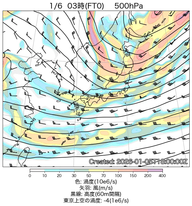 2026年1月6日の日本周辺の500hPa天気図（3時）