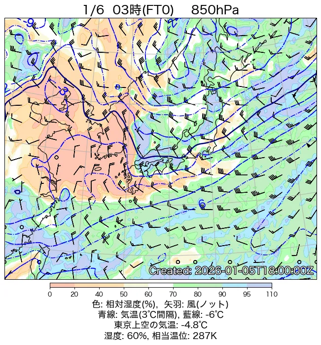 2026年1月6日の日本周辺の850hPa天気図（3時）