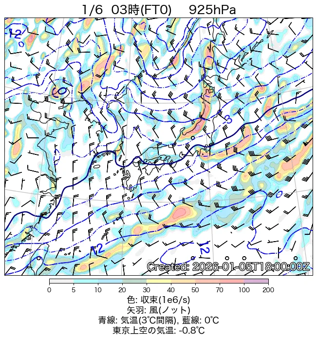 2026年1月6日の日本周辺の925hPa天気図（3時）