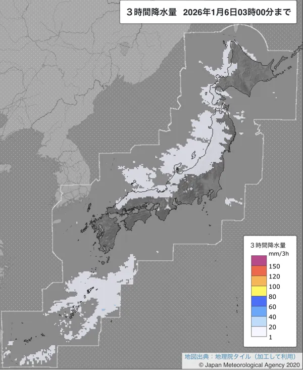2026年1月6日0〜3時の日本周辺の3時間解析降水量