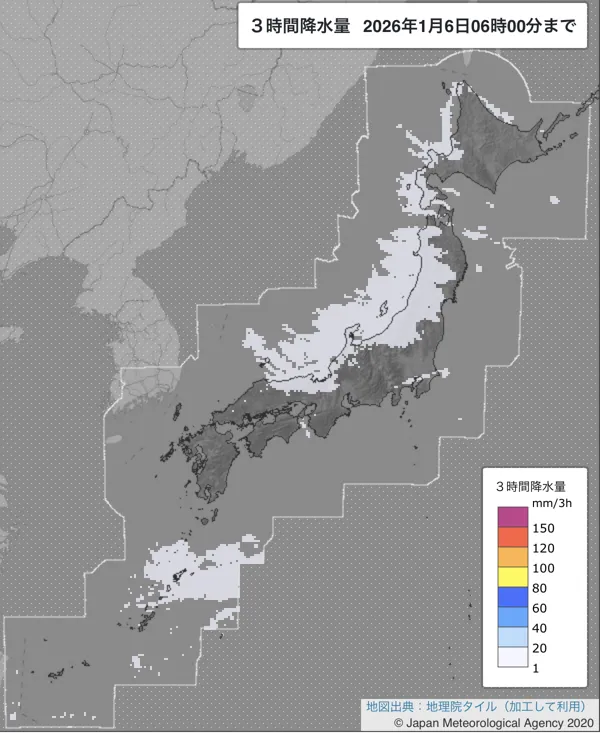 2026年1月6日3〜6時の日本周辺の3時間解析降水量