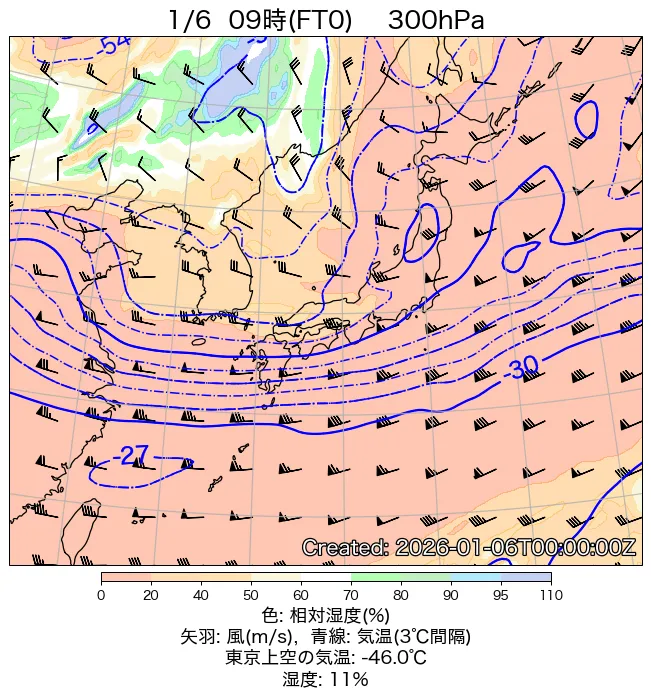2026年1月6日の日本周辺の300hPa天気図（9時）