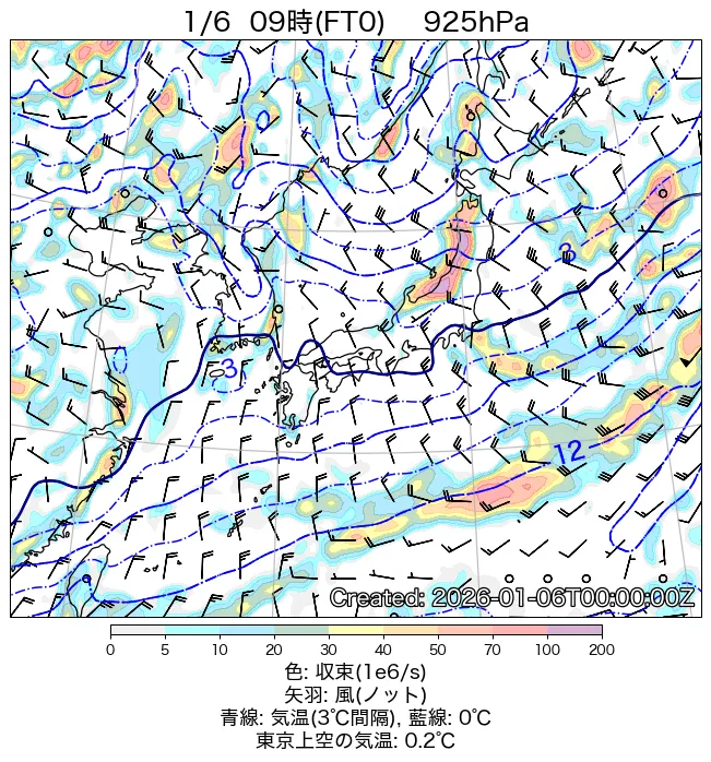2026年1月6日の日本周辺の925hPa天気図（9時）