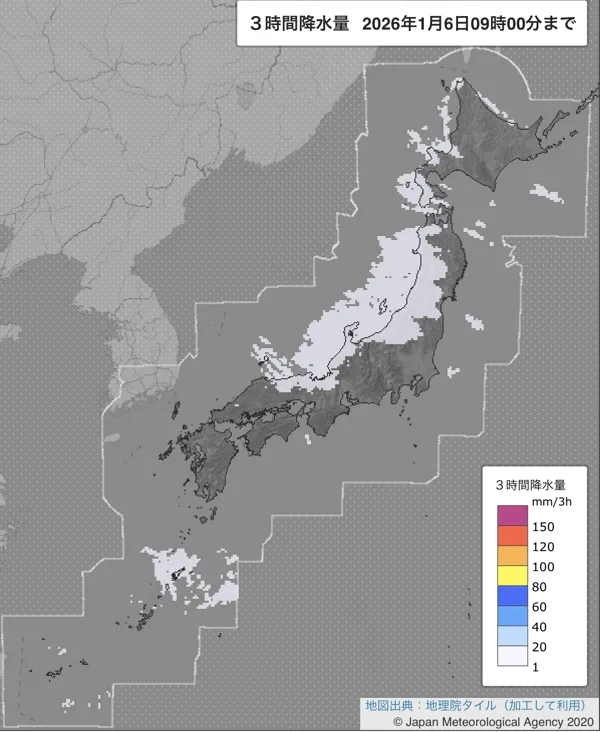 2026年1月6日6〜9時の日本周辺の3時間解析降水量
