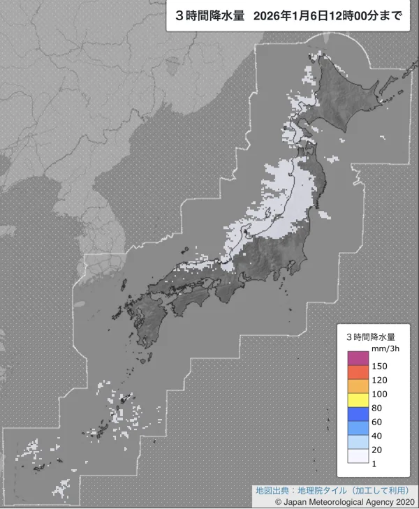 2026年1月6日9〜12時の日本周辺の3時間解析降水量