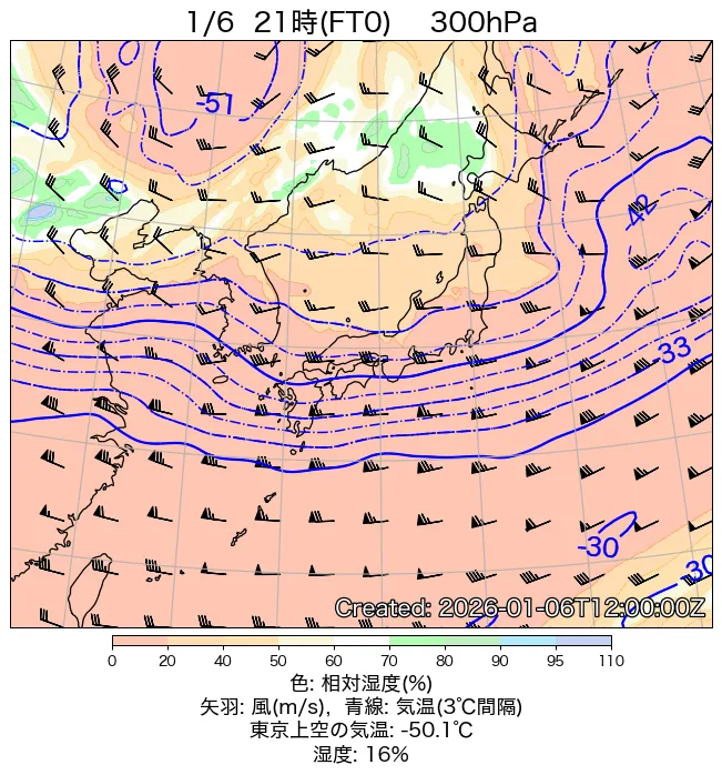 2026年1月6日の日本周辺の300hPa天気図（21時）