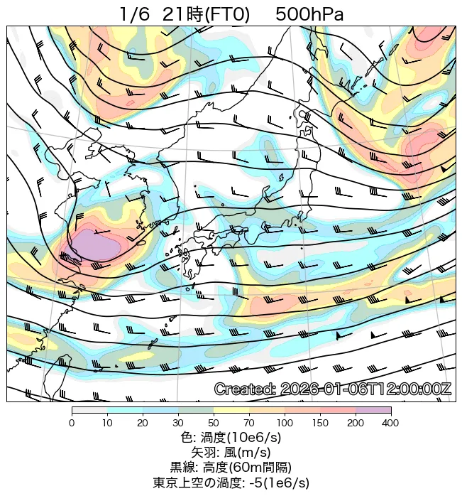 2026年1月6日の日本周辺の500hPa天気図（21時）