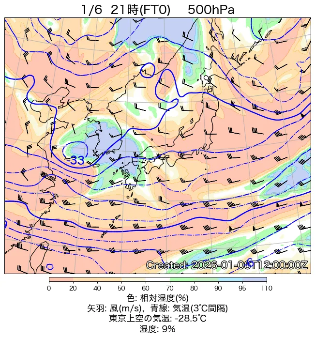 2026年1月6日の日本周辺の500hPa天気図（21時）