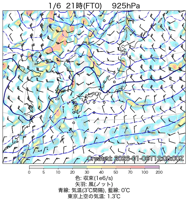 2026年1月6日の日本周辺の925hPa天気図（21時）