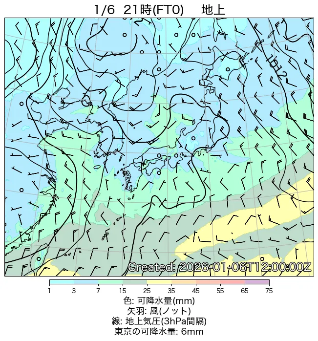 2026年1月6日の日本周辺の地上天気図（21時）