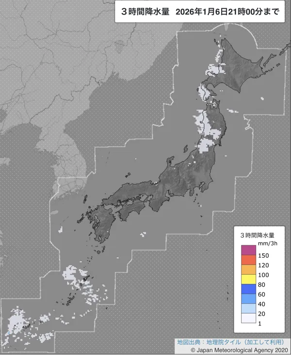 2026年1月6日18〜21時の日本周辺の3時間解析降水量