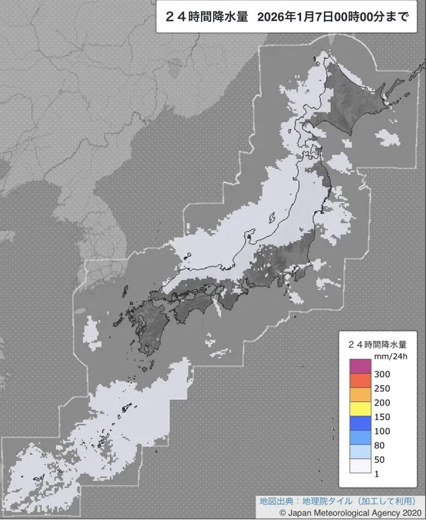 2026年1月6日の日本周辺の日解析雨量の図