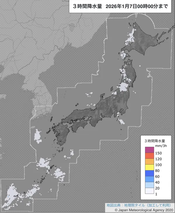 2026年1月6日21〜24時の日本周辺の3時間解析降水量