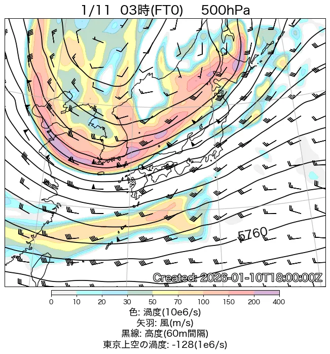 2026年1月11日の日本周辺の500hPa天気図（3時）