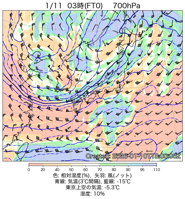2026年1月11日の日本周辺の700hPa天気図（3時）