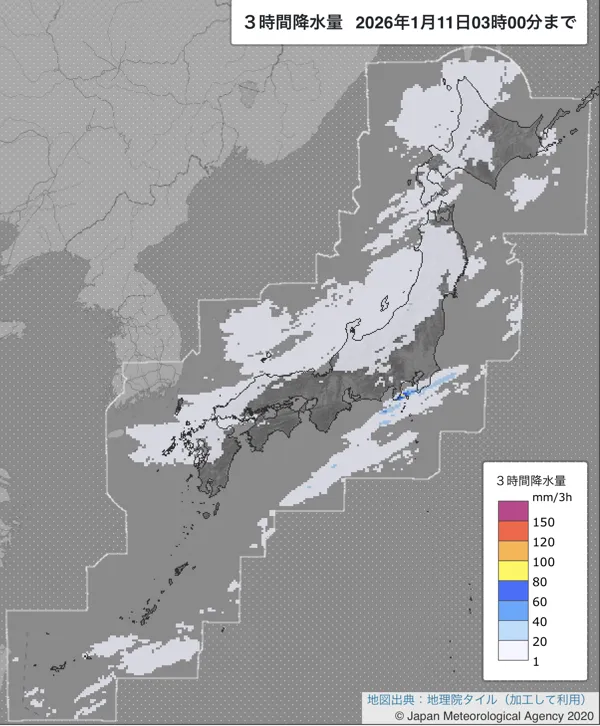 2026年1月11日0〜3時の日本周辺の3時間解析降水量