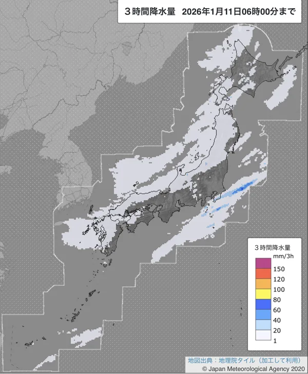 2026年1月11日3〜6時の日本周辺の3時間解析降水量