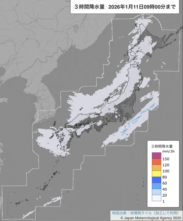 2026年1月11日6〜9時の日本周辺の3時間解析降水量