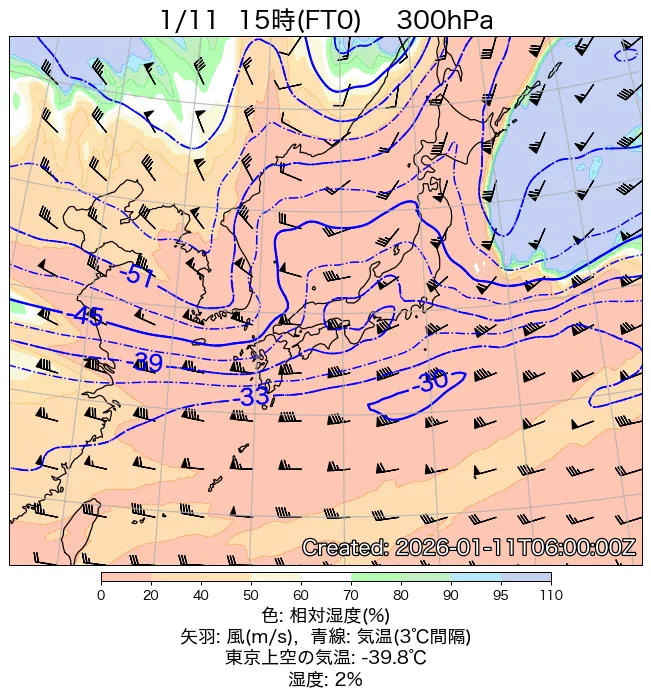 2026年1月11日の日本周辺の300hPa天気図（15時）