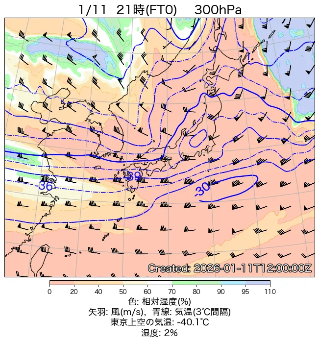 2026年1月11日の日本周辺の300hPa天気図（21時）