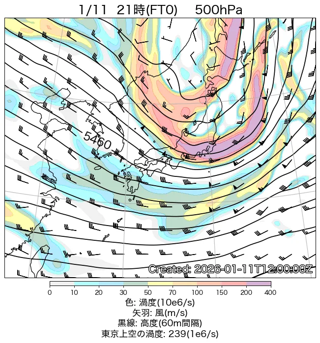2026年1月11日の日本周辺の500hPa天気図（21時）