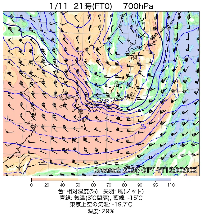2026年1月11日の日本周辺の700hPa天気図（21時）