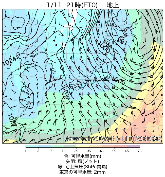 2026年1月11日の日本周辺の地上天気図（21時）