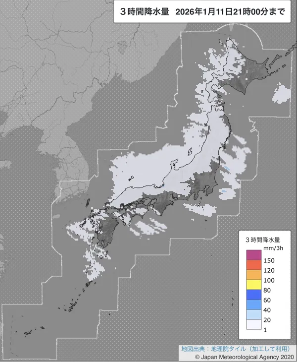 2026年1月11日18〜21時の日本周辺の3時間解析降水量