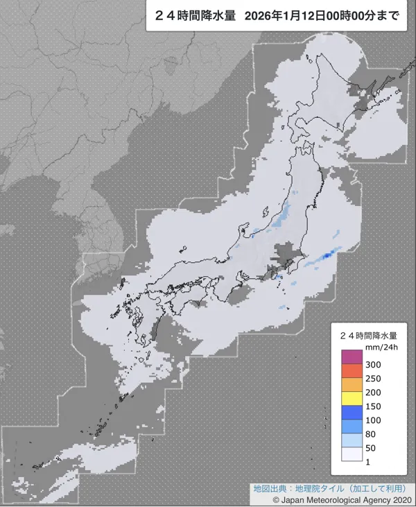 2026年1月11日の日本周辺の日解析雨量の図