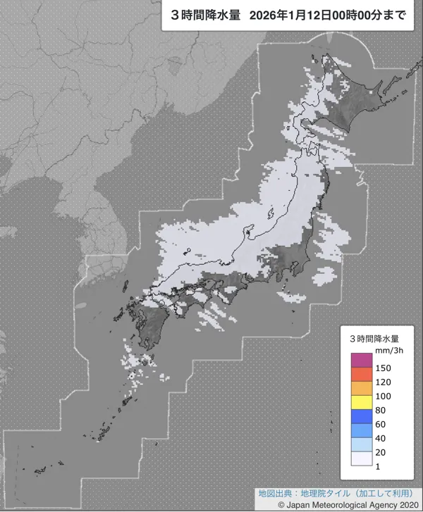 2026年1月11日21〜24時の日本周辺の3時間解析降水量