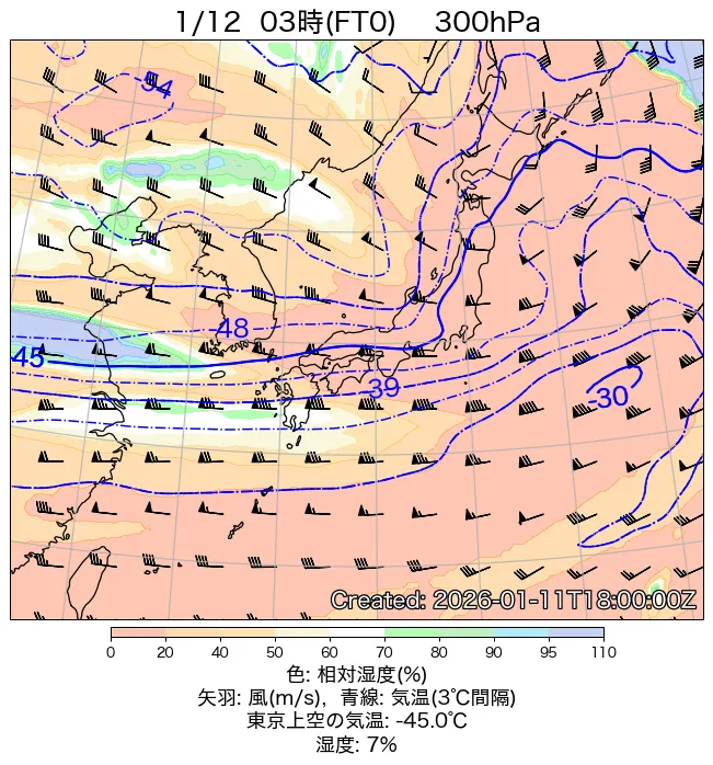 2026年1月12日の日本周辺の300hPa天気図（3時）