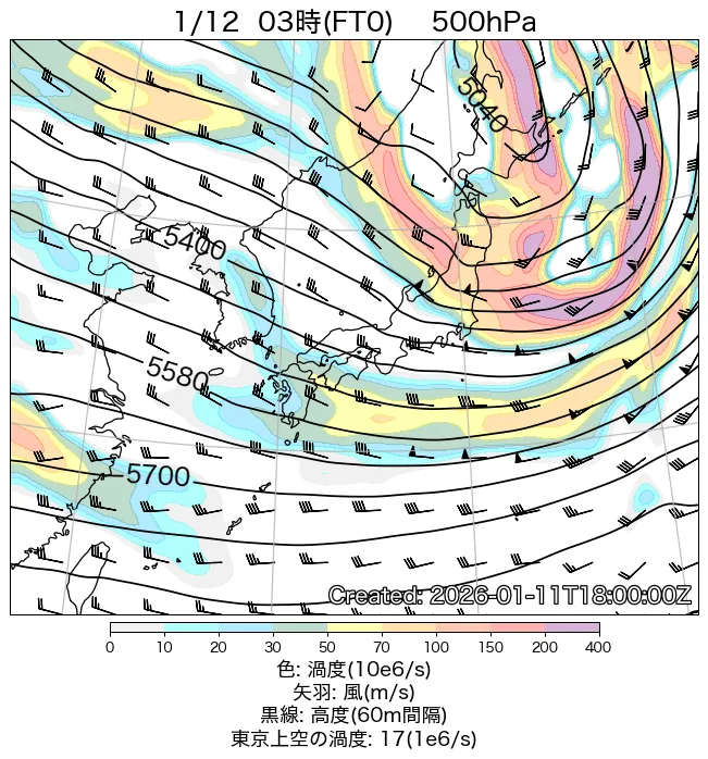2026年1月12日の日本周辺の500hPa天気図（3時）