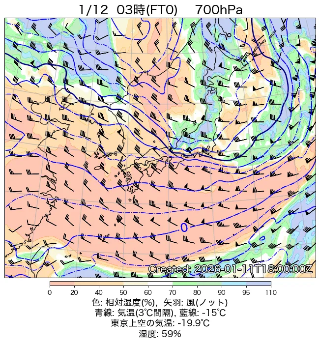 2026年1月12日の日本周辺の700hPa天気図（3時）