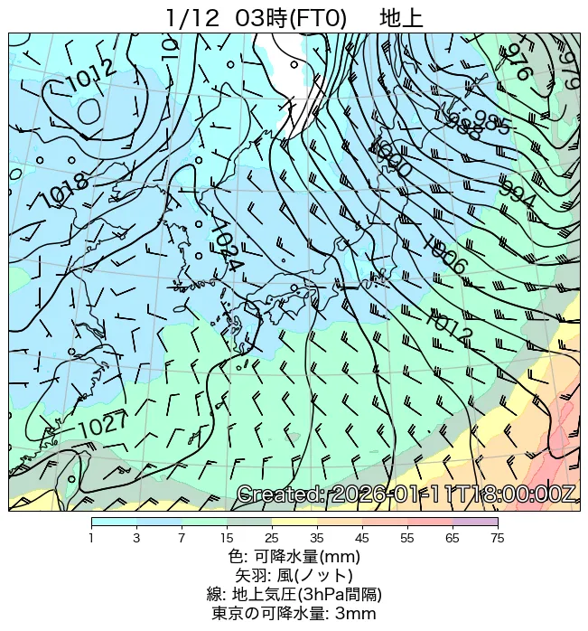 2026年1月12日の日本周辺の地上天気図（3時）