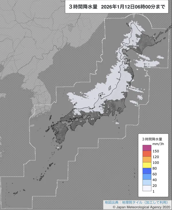 2026年1月12日3〜6時の日本周辺の3時間解析降水量