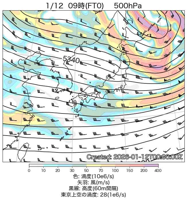 2026年1月12日の日本周辺の500hPa天気図（9時）
