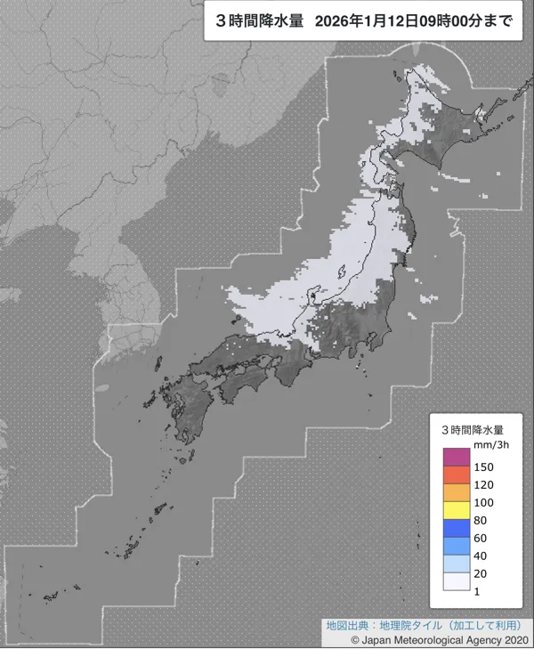2026年1月12日6〜9時の日本周辺の3時間解析降水量