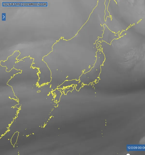 2026年1月12日9時の日本周辺の衛星水蒸気画像